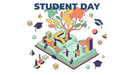 Fototapeta premium Students exploring knowledge through interactive book and global learning on student day with symbols world
