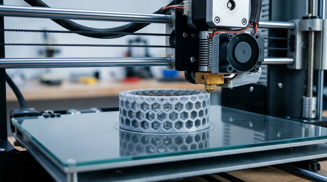 Close-up of a 3D printer creating a honeycomb pattern object, technology innovation
