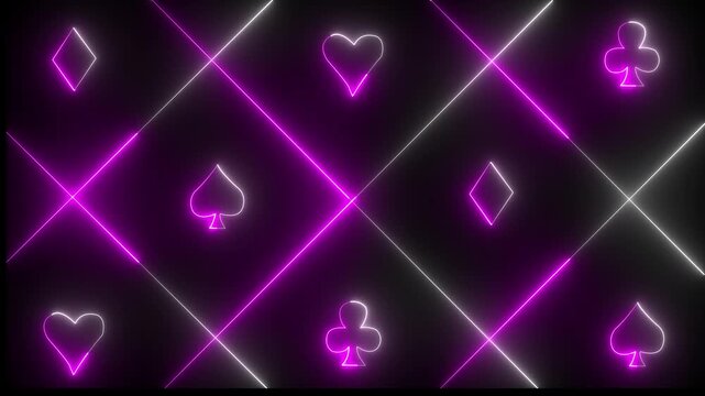 Neon pink and white color spade suit or symbol of playing card, 4k gambling animation. Neon playing cards glowing on black background. Concept of online casino and bet.