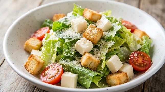 Fresh caesar salad with crispy croutons and tomatoes