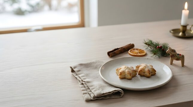 Star-shaped holiday pastries on a ceramic plate with festive decorations on a bright wooden table.