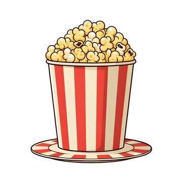 Popcorn bucket illustration with red and white stripes. Classic cinema snack container filled with crunchy buttered popcorn for movies and entertainment