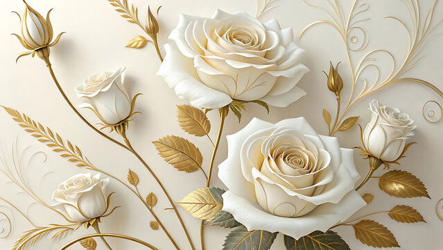 White roses with golden leaves on an elegant cream backdrop gold leaves floral patte