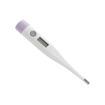 Digital medical thermometer for body temperature measurement. White handheld clinical device with a lilac cap and liquid crystal display screen