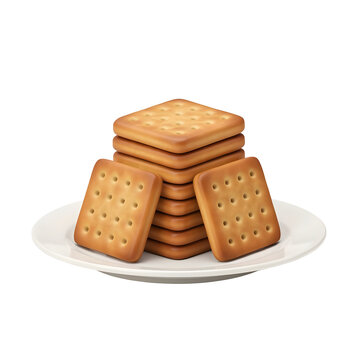 Stack of square crispy crackers on a white ceramic plate. Isolated 3D render of crunchy salted biscuits for snack food advertising and bakery menus