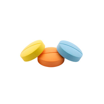 Colorful round pharmaceutical tablets. Yellow orange and light blue pills isolated on white background. Medical medication and healthcare concept
