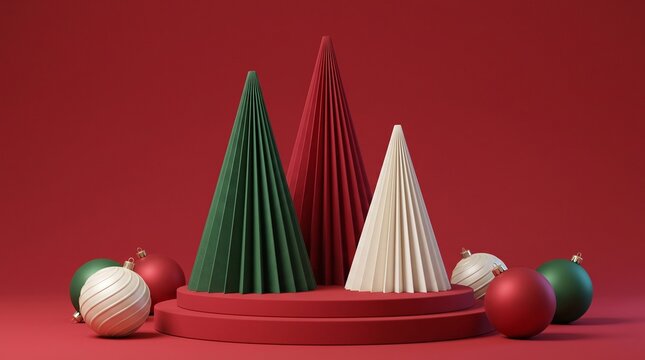 3D Christmas Red Podium with Paper Accordion Trees &ndash; Modern Holiday Product Staging Showcase Banner