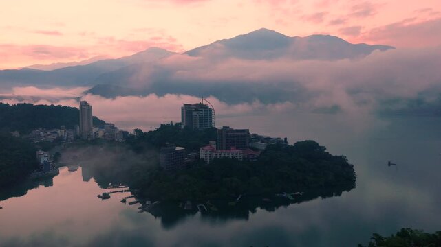 Aerial view Landscape of Sun Moon Lake at sunrise in Taiwan.