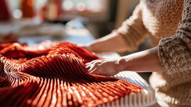 Vivid silk emerges in crisp accordion folds as an adult textile artisan closes two interlocking pleating boards around the fabric. The close three-quarter view concentrates on the