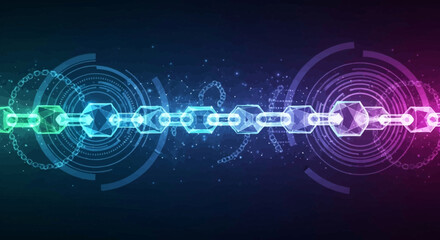 Obraz premium Digital Blockchain Network Connection with Futuristic Glowing Hexagons and Circles