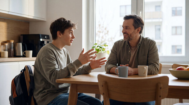 Father and teenage son having a natural conversation at home after school, authentic family communication and warm parent-child relationship in a modern kitchen