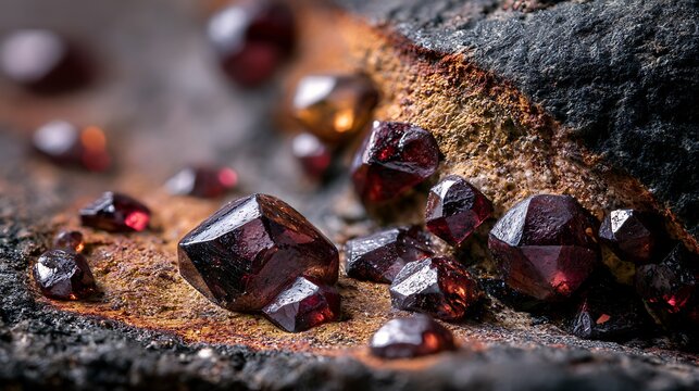 Raw Garnet Crystals Embedded in Dark Rock Matrix.