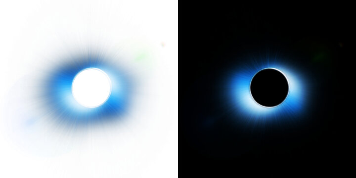 Transparent background featuring a realistic total solar eclipse with a glowing blue corona. This celestial light effect adds a professional astronomical touch to your creative designs.

