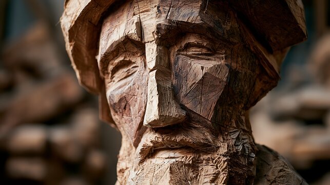 Close up of an aged wooden carved face sculpture.