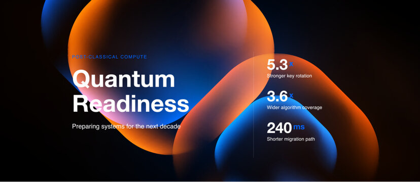 Abstract shapes, vibrant colors, text promoting quantum readiness. Metrics highlight system improvements, future preparation emphasized.