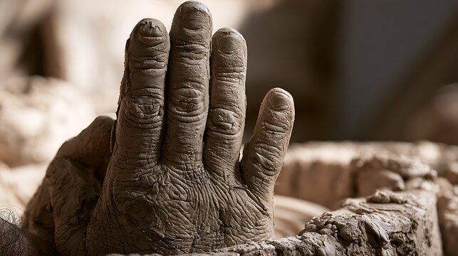 A closeup of a weathered human hand covered in dry cracked mud.