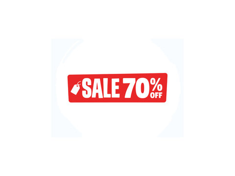A bold red rectangular sticker displaying Sale 70 Percent Off with a white price tag icon, ideal for commercial retail promotions.