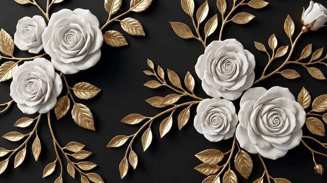 White ceramic roses with golden metallic leaves against a dark black background