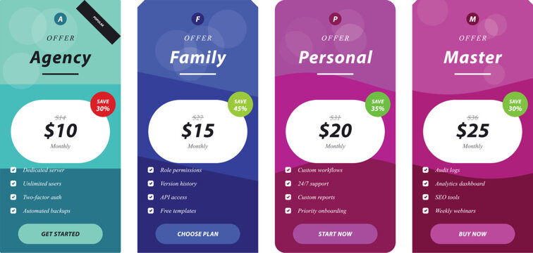 Modern subscription plan cards with pricing for website Vector