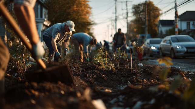 A heartfelt act of generosity, volunteers planting trees, serving meals, 