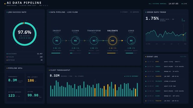 Software engineer analyzing data pipeline metrics on a digital dashboard