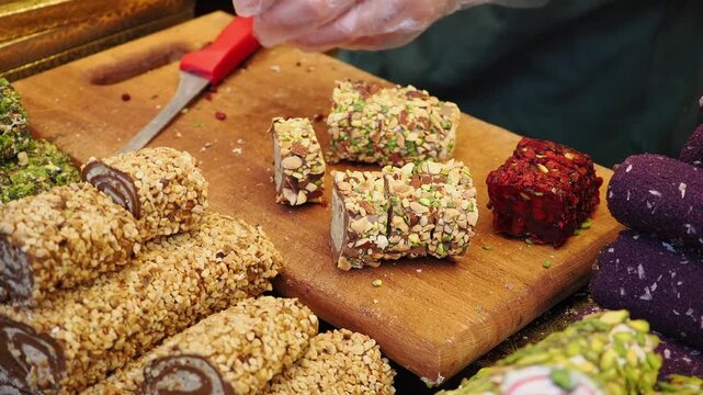 A person cutting turkish delights at a market stall with various nut rolls