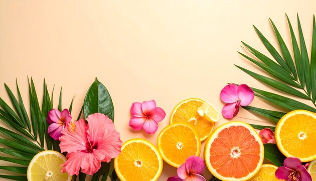 Marco tropical con c&iacute;tricos, flores rosas y hojas verdes sobre fondo claro