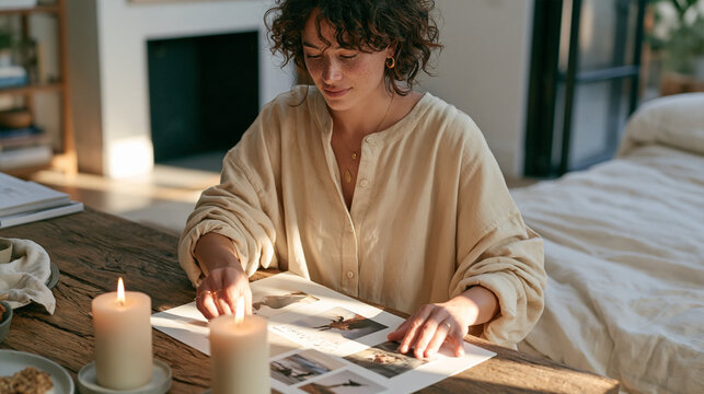 A business coach lights two pillar candles on a rough timber table before a client session, a shadow falling dramatically across her vision board from the candlelight, her morning