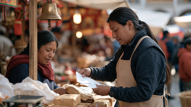 a mail carrier apologizes to a market stall vendor in a vibrant outdoor bazaar, a bell on the stall post about to ring the hour, authentic newsroom deadline energy, process in