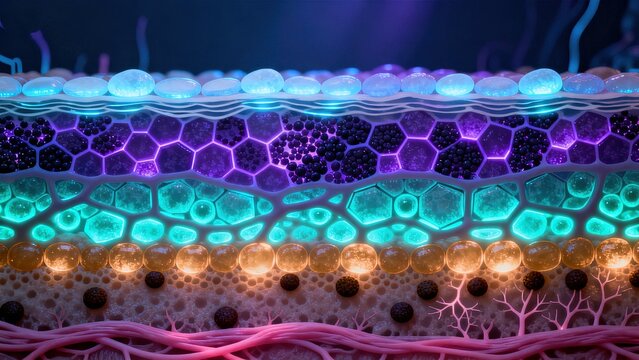 Epidermis Microstructure Showing Four Distinct Sublayers: Stratum Corneum Granulosum Spinosum and Basale with Cellular Detail