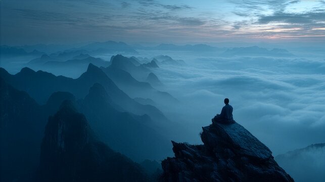 Silhouette of person meditating on mountain peak above sea of clouds at twilight background banner