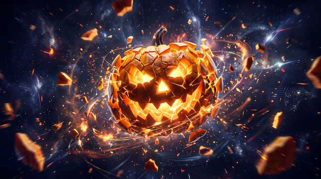 Glowing jack-o-lantern pumpkin exploding with magical energy and floating debris in space.