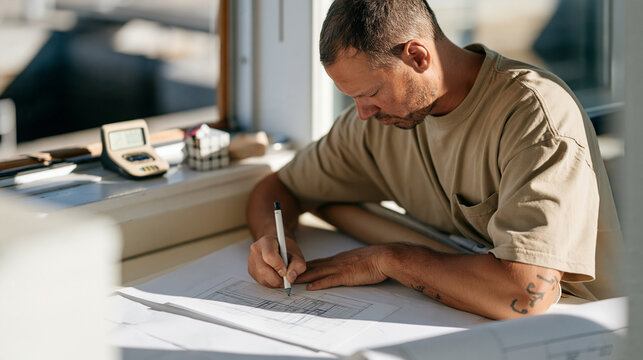 Canal lock keeper sketching a maintenance plan on graph paper beside a rolled up blueprint tucked under one arm, speedcubing timer and scrambled puzzle cube resting on the lock