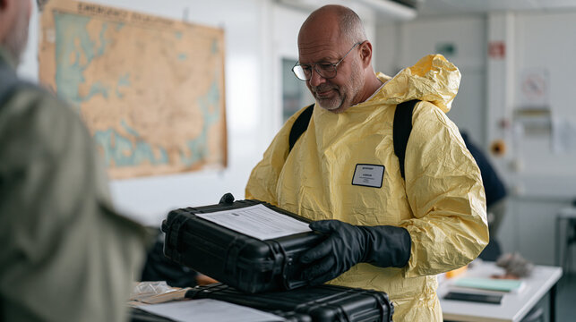 Hazmat responder in full protective suit handing sealed equipment cases to the incoming night shift worker, a faded emergency evacuation map pinned to the sterile white wall,