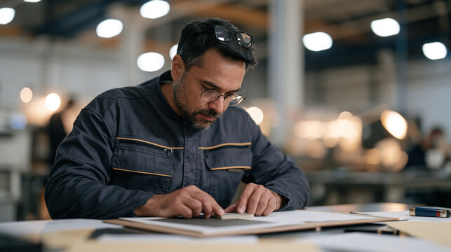 Aerospace engineer comparing a material sample to a reference sheet in a twilight lit warehouse bay, cryptic crossword compilation notes spread across the table, a pair of reading