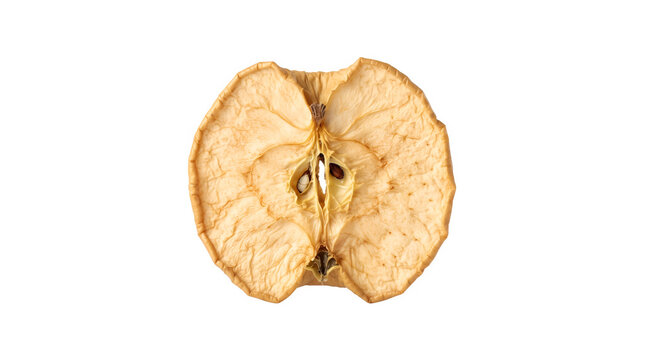 Dried apple slice isolated on white background, dehydrated organic fruit snack, textured brown apple chip for healthy food concept