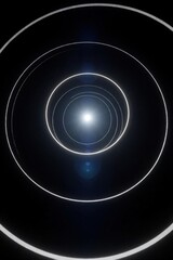 Fototapeta premium Concentric circles of white light glow against black. A bright light source at the end of tunnel creates bright flare and blue lens effect, suggesting portal or digital space.