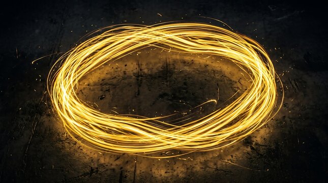 Rotating golden light particle ring on dark background