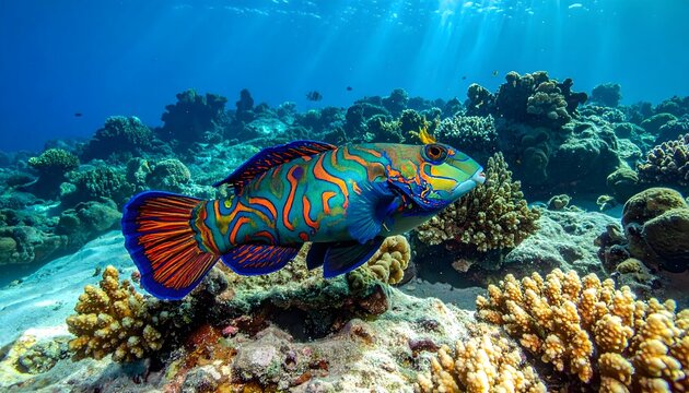 Pez tropical multicolor nadando sobre un arrecife de coral