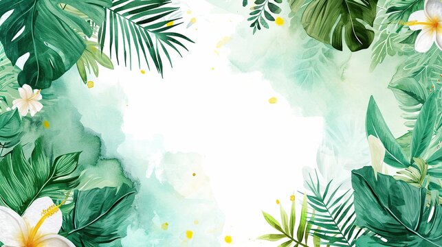 Beautiful tropical watercolor frame with lush green palm leaves, monstera foliage, and white frangipani flowers surrounding a blank white copy space for summer greeting cards or invitations.