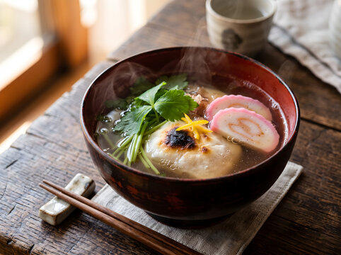Hot Japanese Ozoni soup with steam on a wooden table.