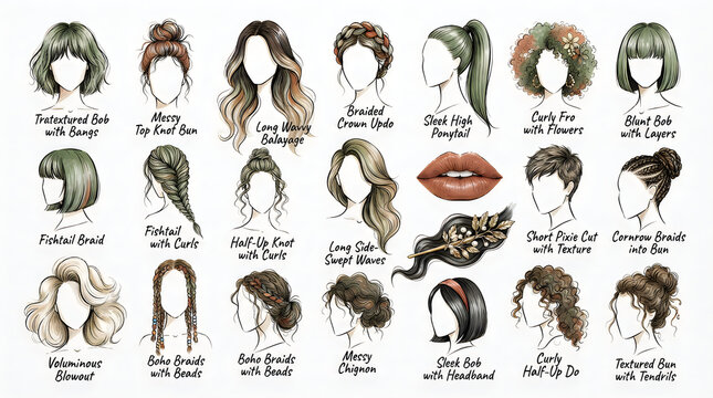 Set of Women with Various Hairstyles, Cartoon Vector Illustration Collection of Female Faces, Haircuts, Avatars and Cute Characters for Beauty, Fashion and Design