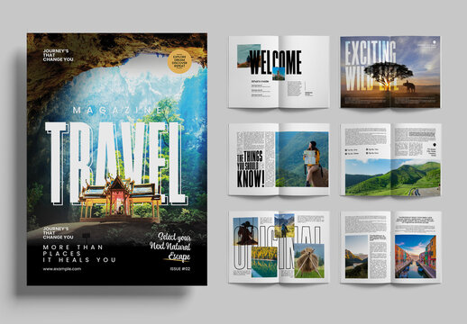 Travel Magazine Layout Design Template with Modern Editorial Photography