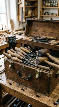 Vintage wooden toolbox filled with assorted chisels and wooden mallets on a carpenter workshop workbench with natural window lighting and professional style