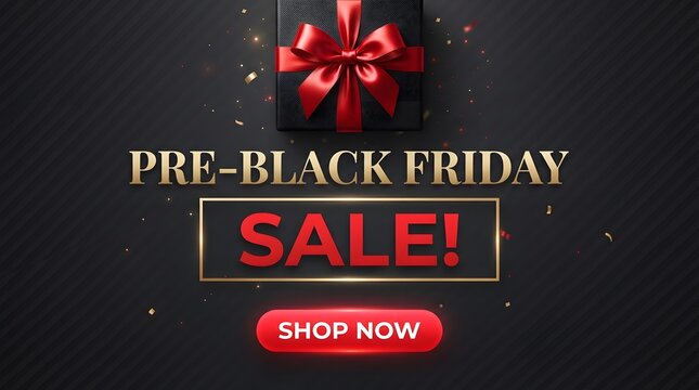 Preblack friday sale banner with a black gift box and red ribbon on a dark background with golden confetti and a red shop now button
