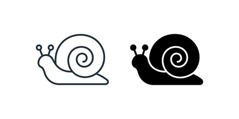 Snail animal icon set featuring unfilled outline and filled silhouette for nature design. © neemo