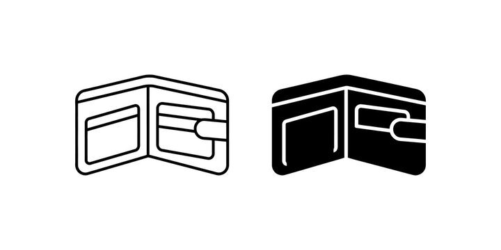 Open wallet black and outline icons for financial management and banking mobile application interface assets.