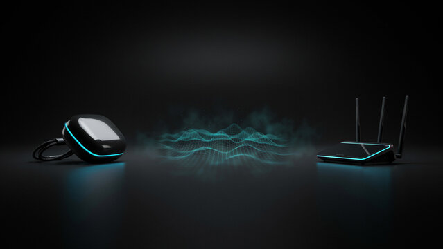 Smart home hub and wireless router with digital data waves on black