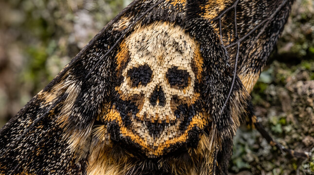 Death's-head hawkmoth wing pattern with a natural skull marking on a textured background.