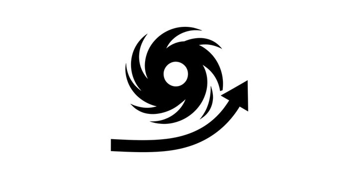 Natural disaster hurricane icon with swirling wind storm and directional arrow.